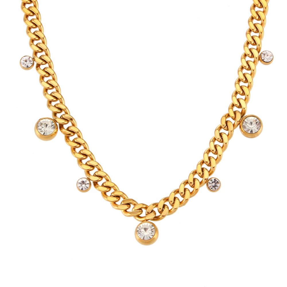 Chunky Cuban Chain Choker Necklace Zircon Charms 18K Gold Plating - Picture 8 of 9